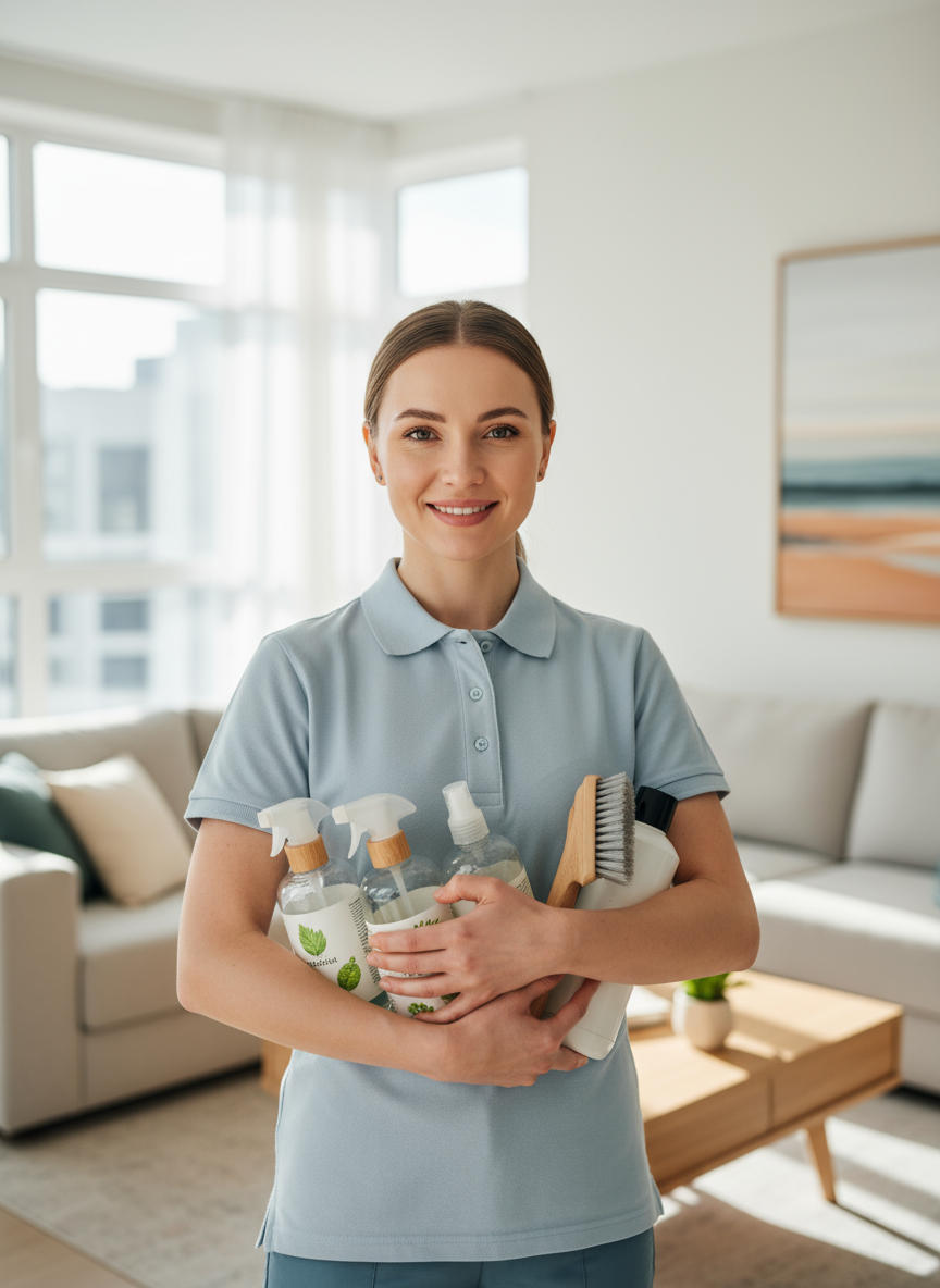 Russian female professional cleaning specialist eco-friendly cleaning expert portrait