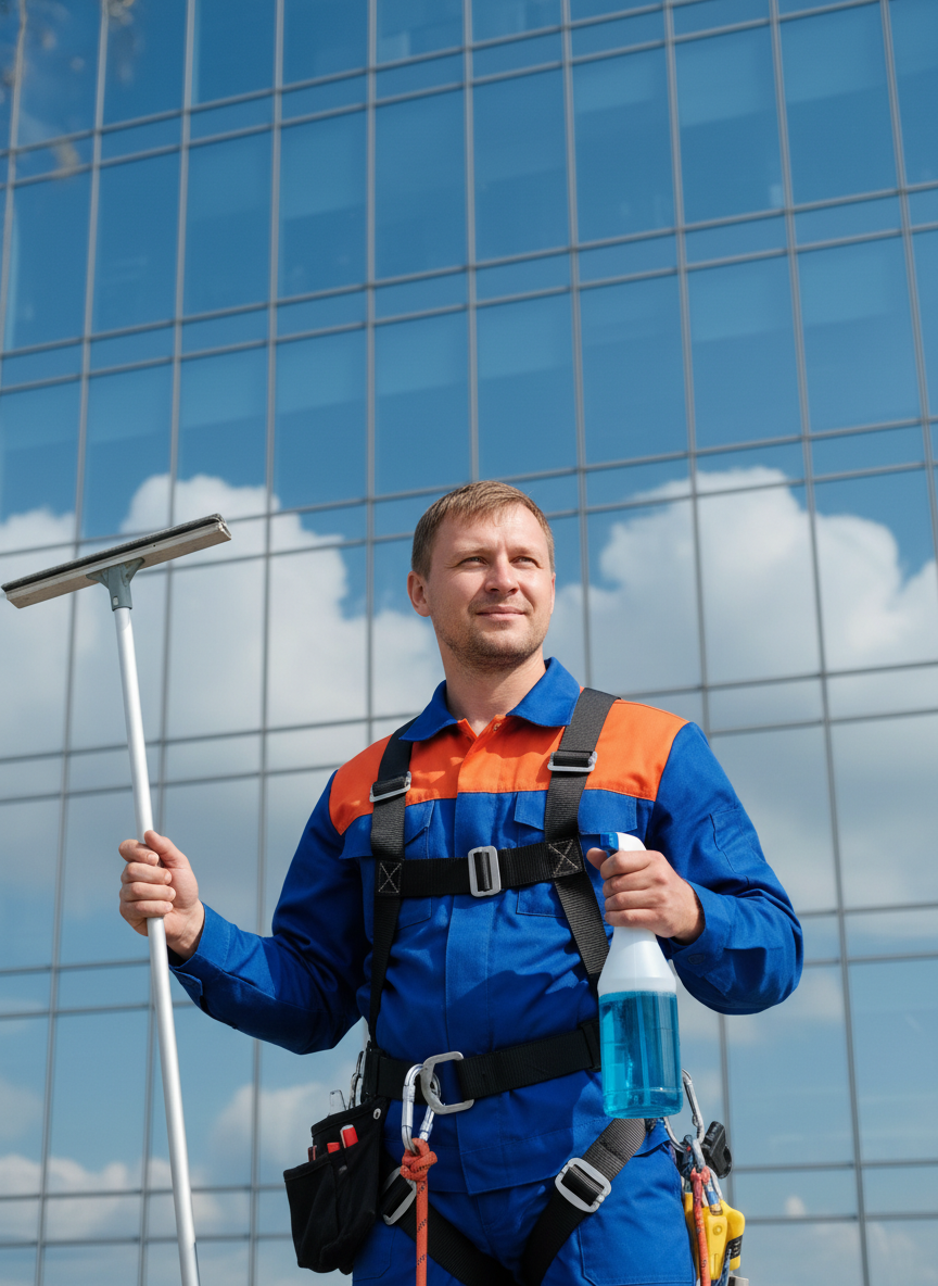 Russian male professional window cleaning specialist high-rise cleaning expert portrait