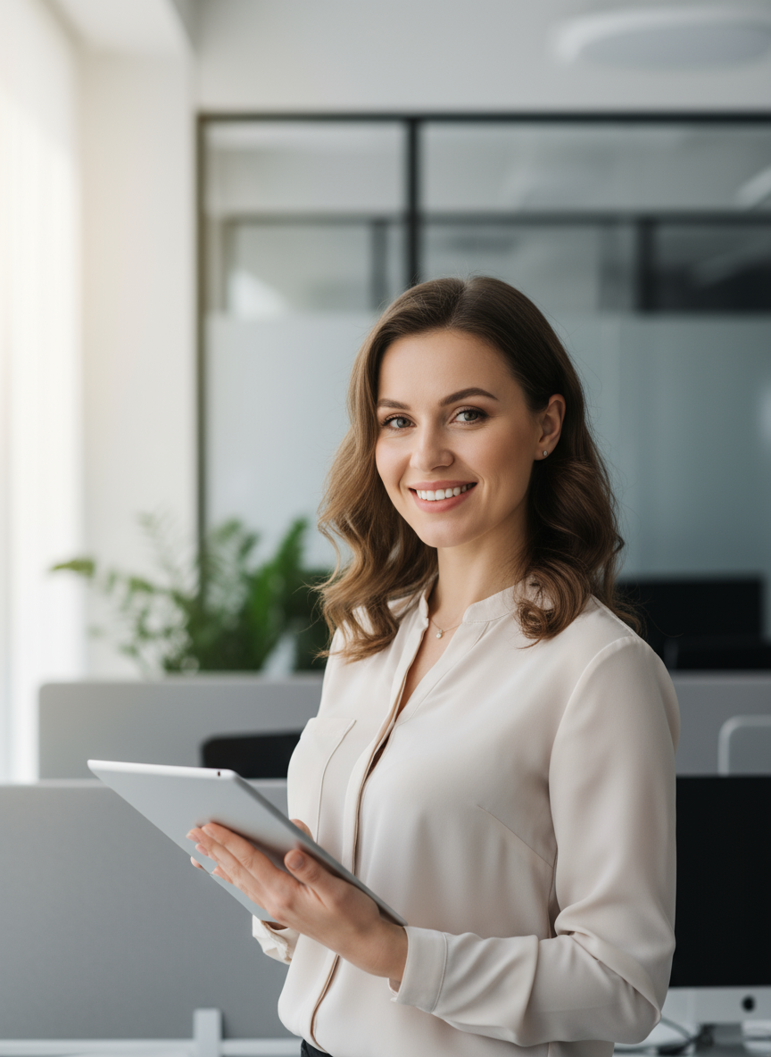 Russian female professional cleaning specialist customer service expert portrait