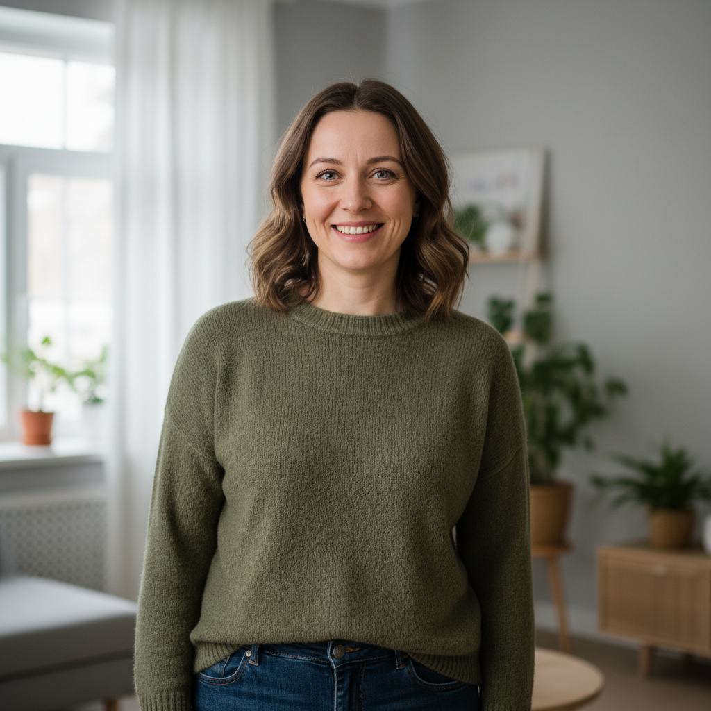 Smiling Russian female client testimonial portrait satisfied customer