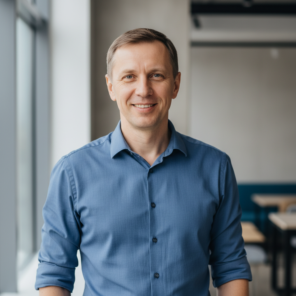 Smiling Russian male client testimonial portrait satisfied customer