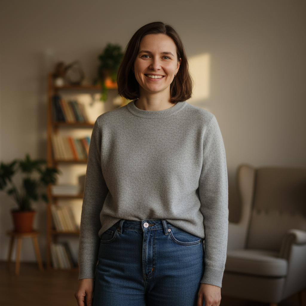 Smiling Russian female client testimonial portrait satisfied customer