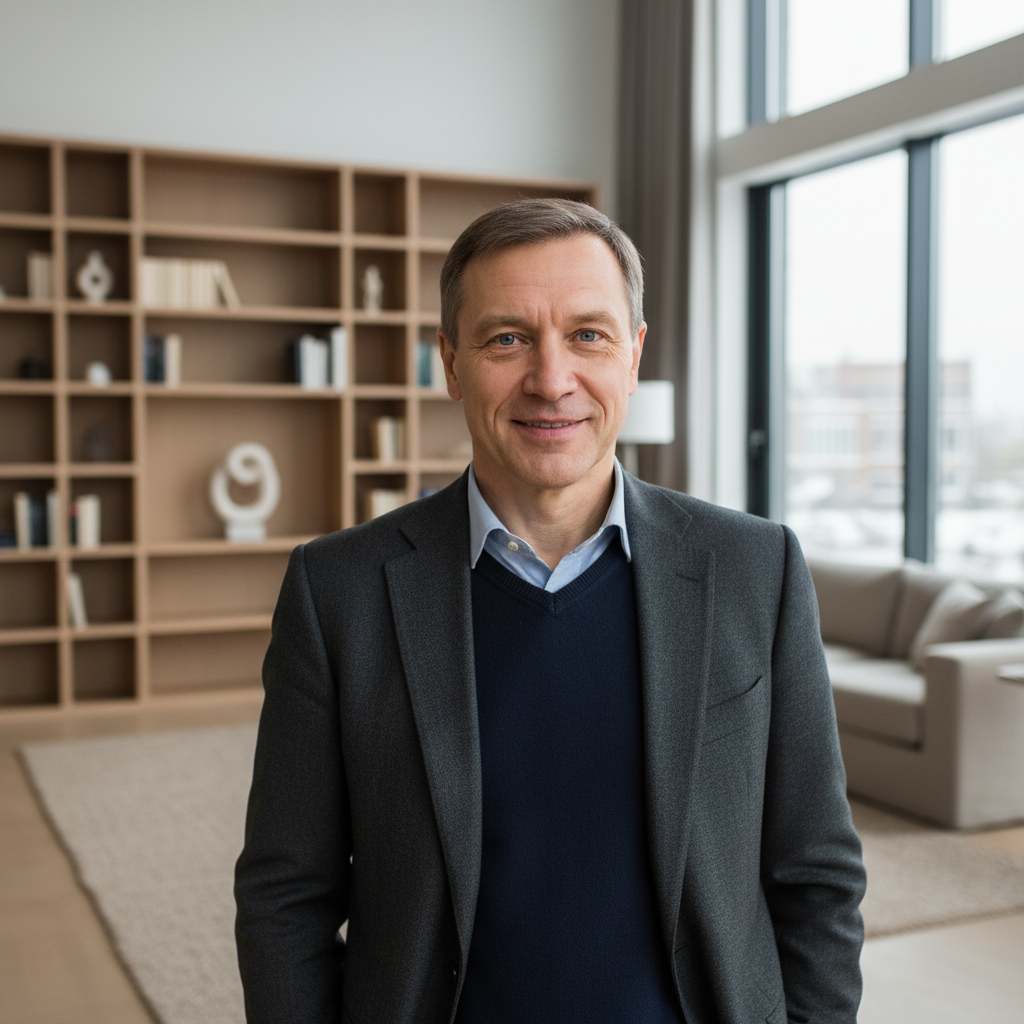 Smiling Russian male client testimonial portrait satisfied customer