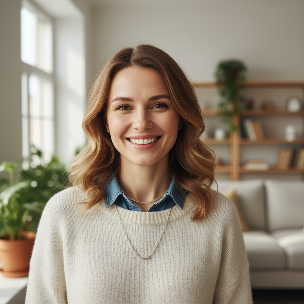 Smiling Russian female client testimonial portrait satisfied customer