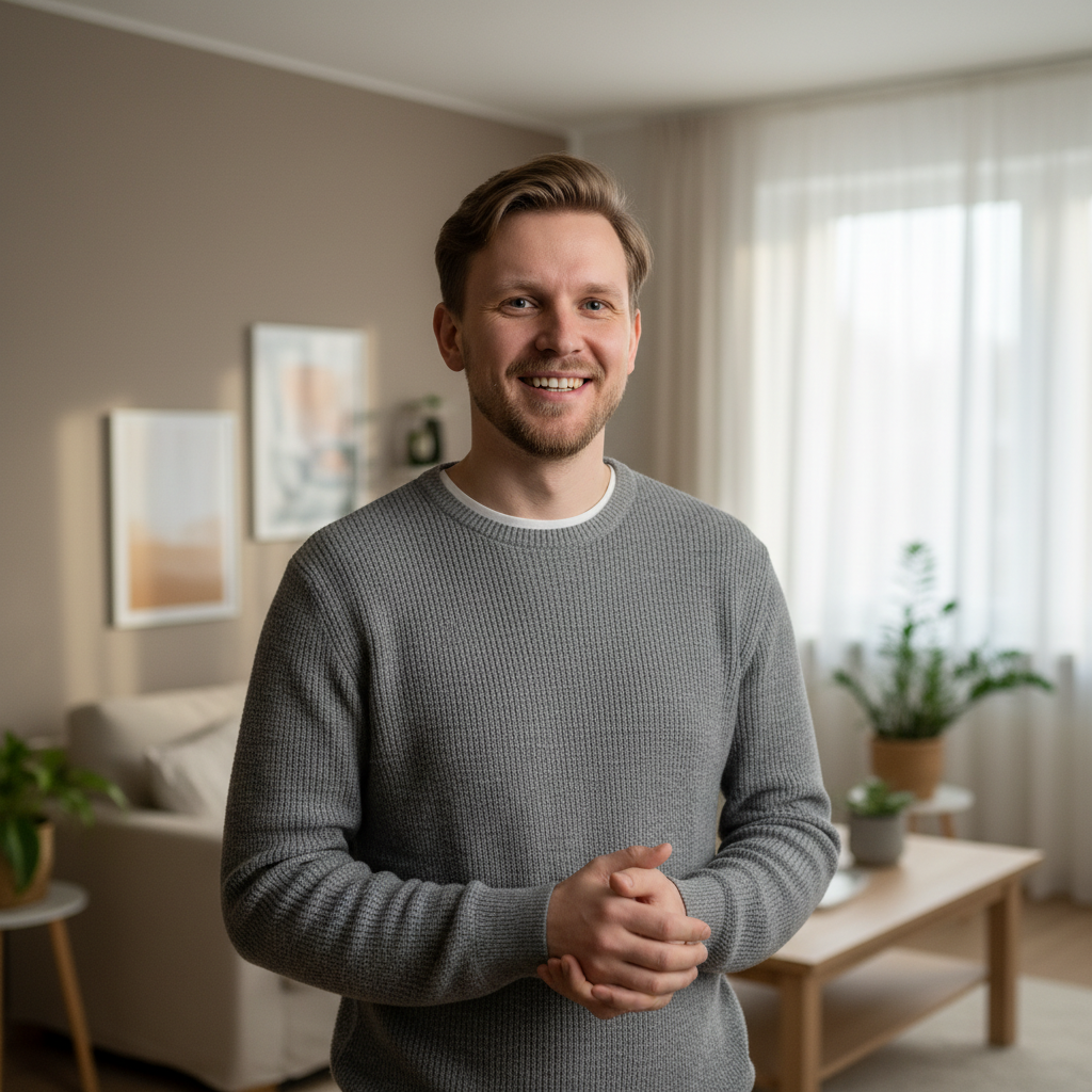 Smiling Russian male client testimonial portrait satisfied customer