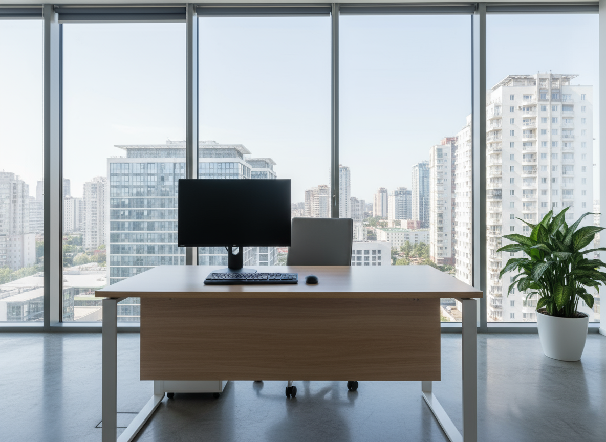 Organized clean office workspace after professional cleaning Russian office