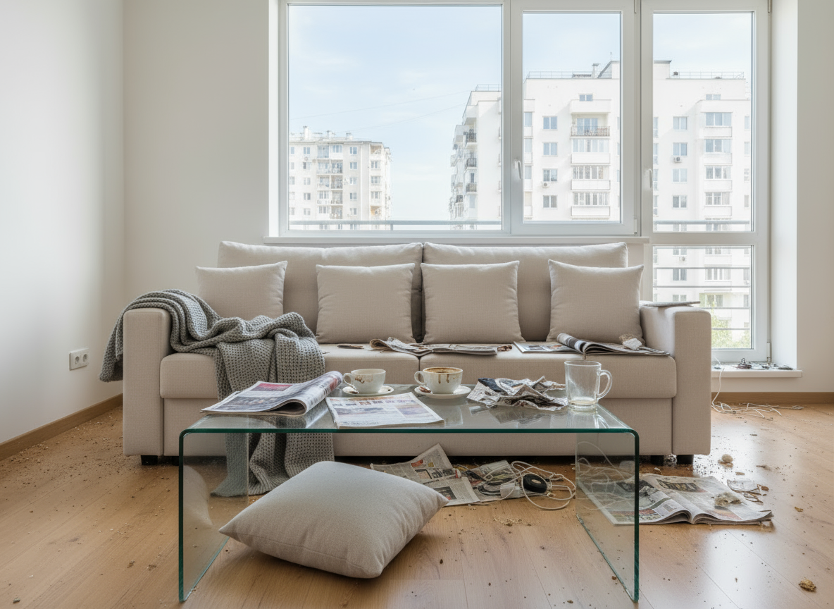 Dirty messy apartment living room before professional cleaning service Russian interior