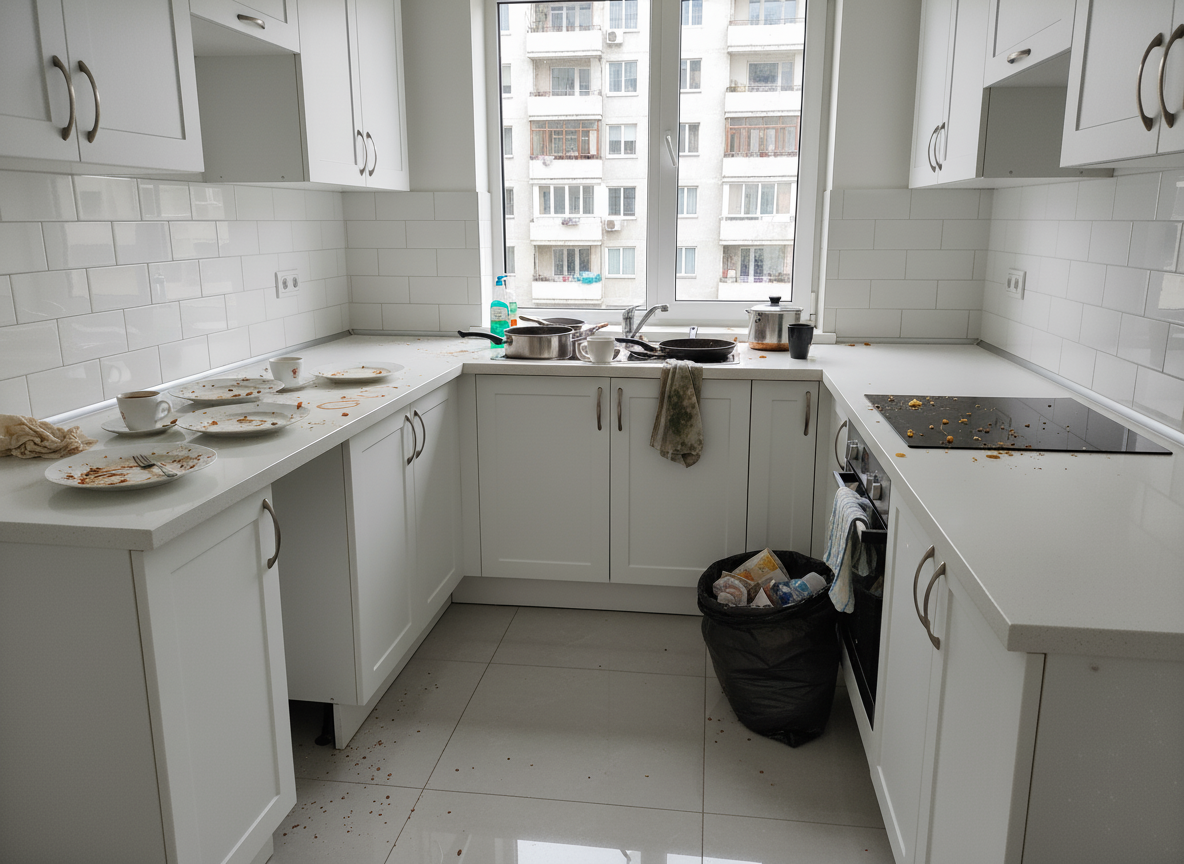 Dirty kitchen with grease and stains before cleaning Russian apartment