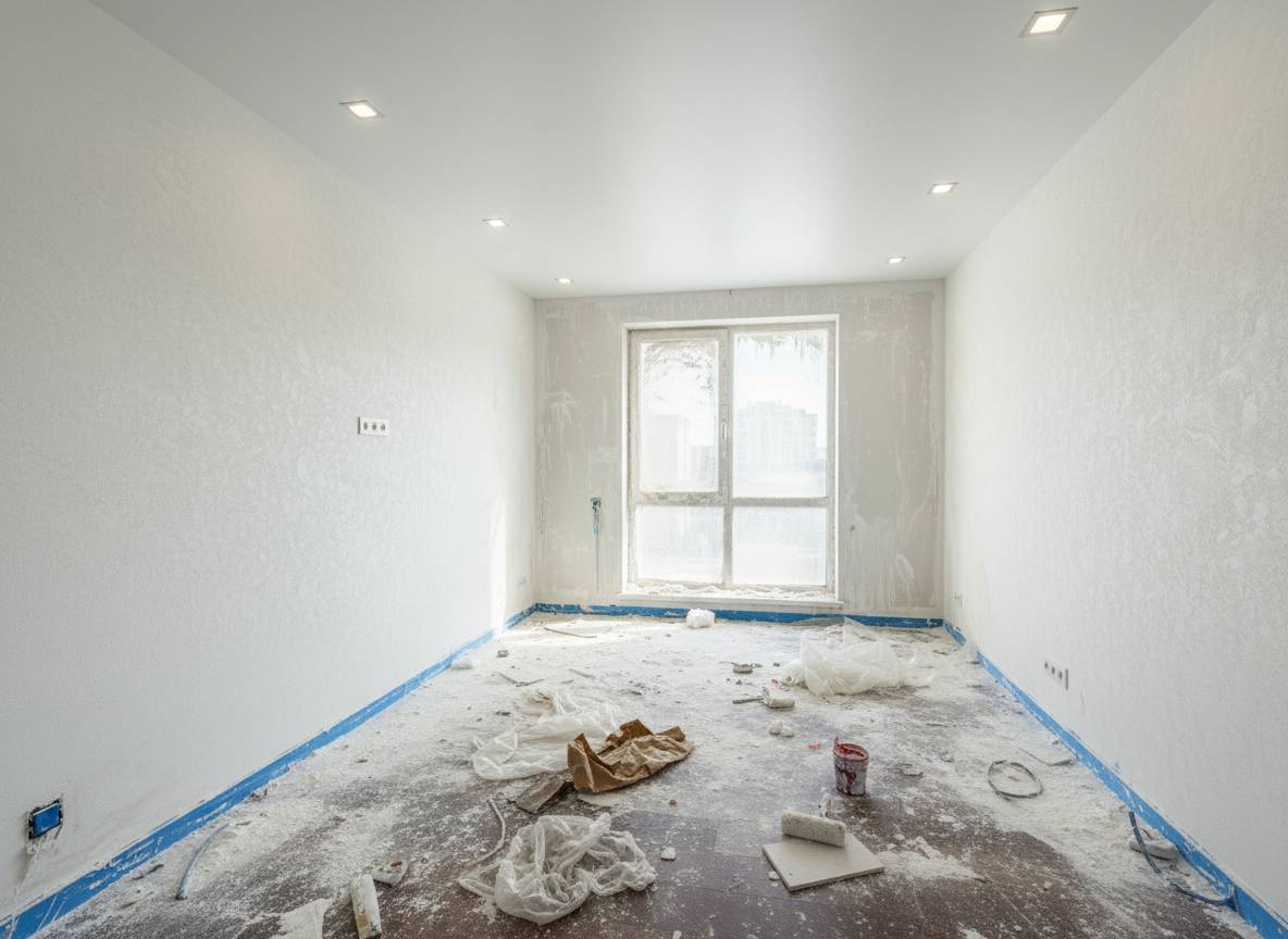 Dusty construction debris apartment after renovation before cleaning Russian interior