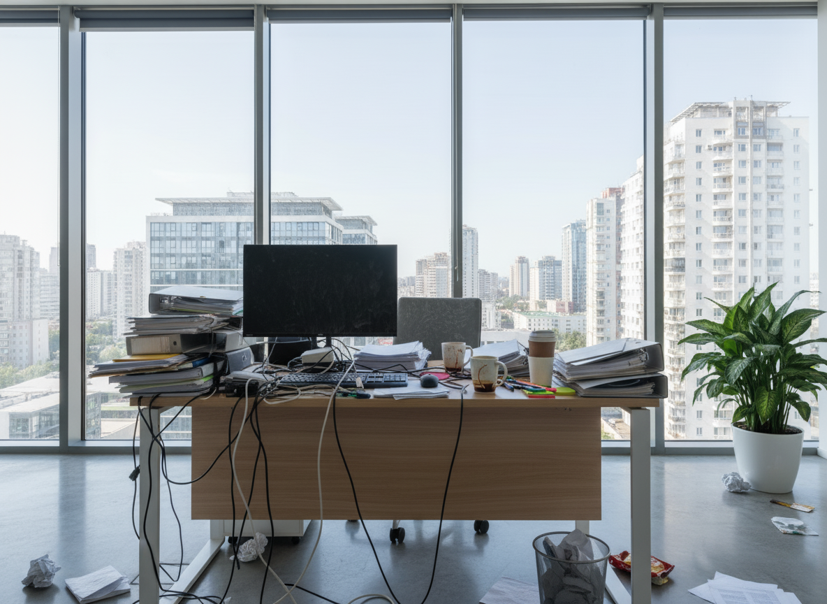 Messy office workspace with clutter before professional cleaning Russian office