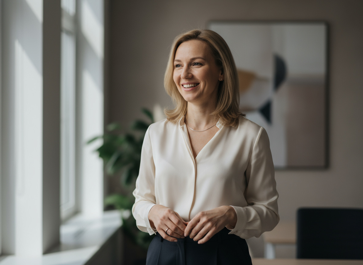 Russian female founder of Amore Cleaning company portrait professional businesswoman